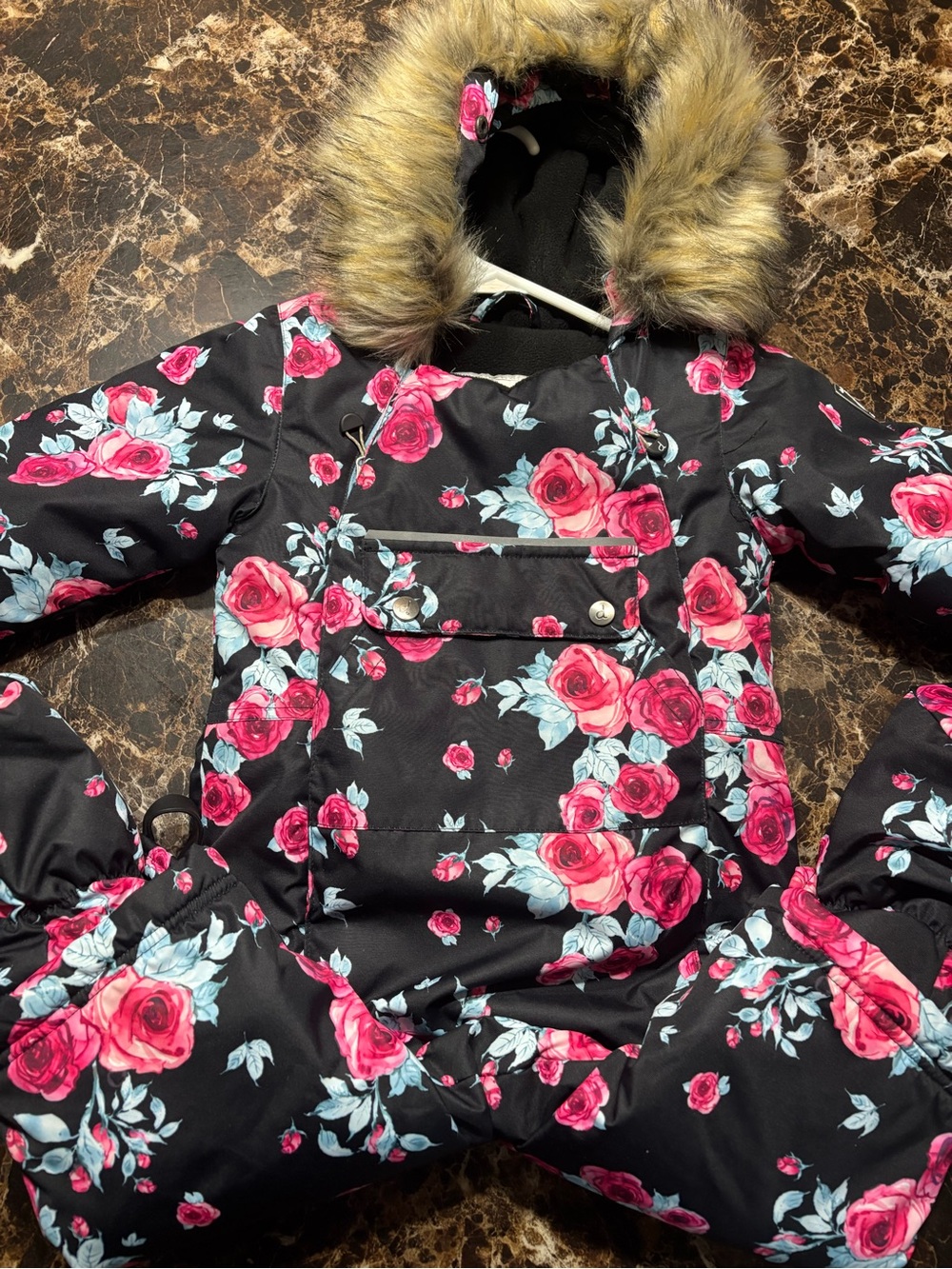 deux par deux Black Floral Puffer with Faux-Fur Hood